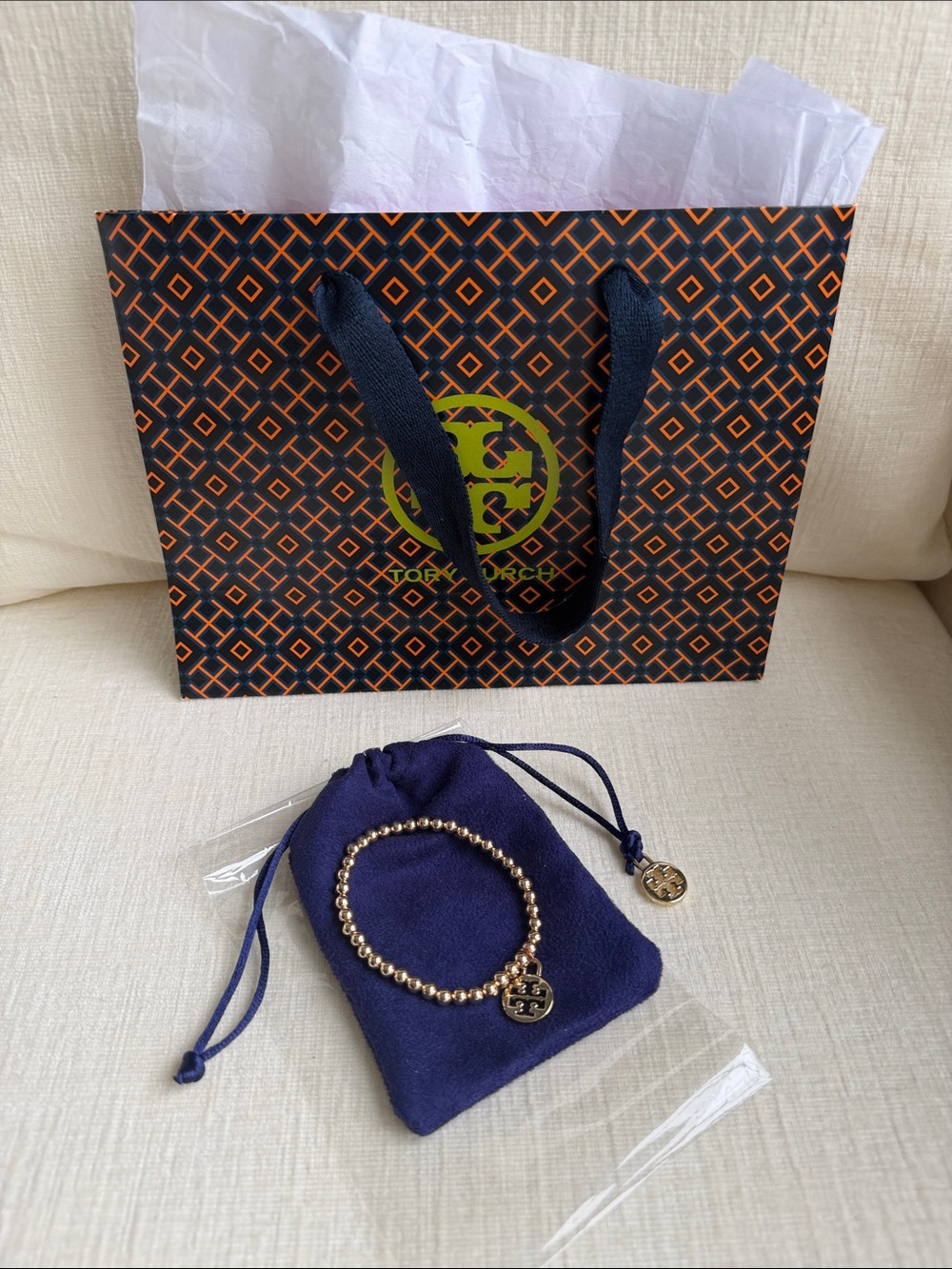 Like New Tory Burch Gold Beaded Charm Bracelet w/ Tory Burch Pouch & Gift Bag
